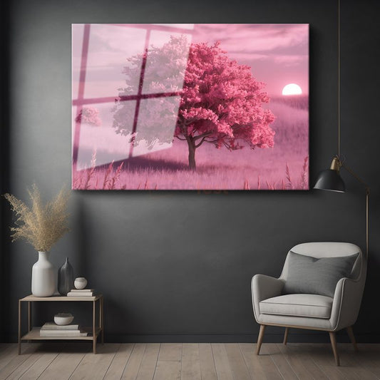 Pembe Ağaç - Gün Batımı Huzuru Cam Tablo