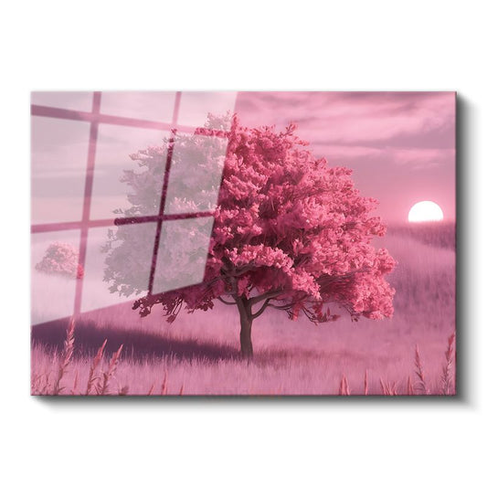 Pembe Ağaç - Gün Batımı Huzuru Cam Tablo