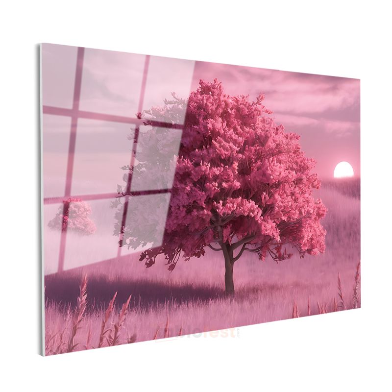Pembe Ağaç - Gün Batımı Huzuru Cam Tablo
