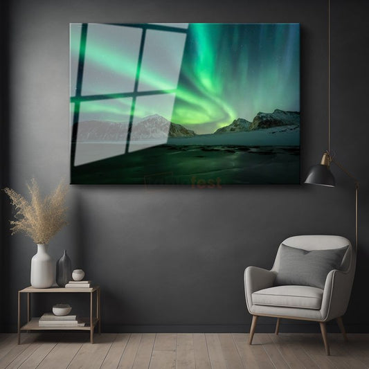 Aurora Borealis - Karlı Dağlar Üzerinde Işık Şöleni Cam Tablo