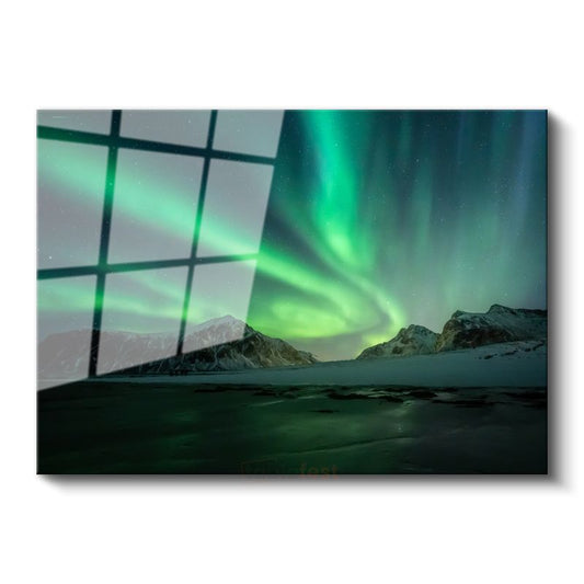 Aurora Borealis - Karlı Dağlar Üzerinde Işık Şöleni Cam Tablo