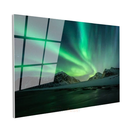 Aurora Borealis - Karlı Dağlar Üzerinde Işık Şöleni Cam Tablo