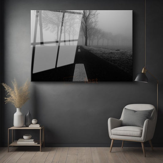 Sisli Yol - Siyah Beyaz Minimalist Doğa Perspektifi Cam Tablo
