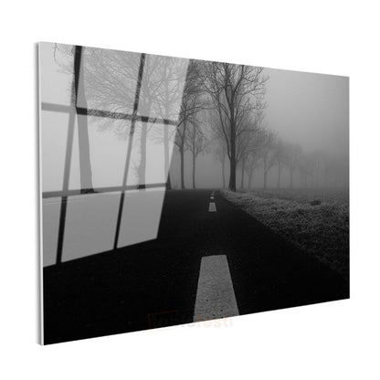 Sisli Yol - Siyah Beyaz Minimalist Doğa Perspektifi Cam Tablo