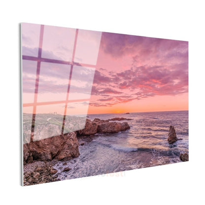 Pembe Ufuklar - Kayalık Sahil Günbatımı Cam Tablo