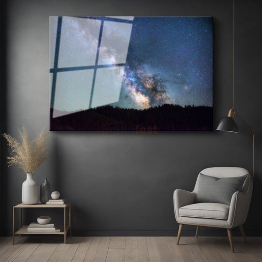 Samanyolu - Gece Ormanı Üzerinde Yıldız Patlaması Cam Tablo