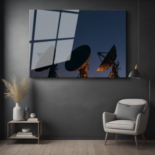 Gece Gökyüzü - Uydu Antenleri Silüeti Cam Tablo