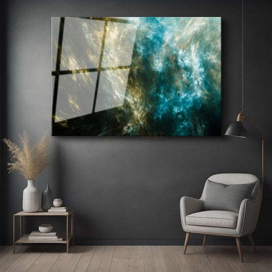 Kozmik Bulut - Altın ve Turkuaz Nebula Detayları Cam Tablo