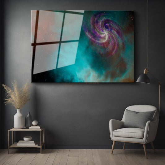 Galaksi Spirali - Turkuaz Nebula Dansı Cam Tablo