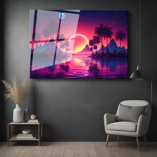 Neon Cennet - Retrowave Tarzı Gün Batımı Manzarası Cam Tablo
