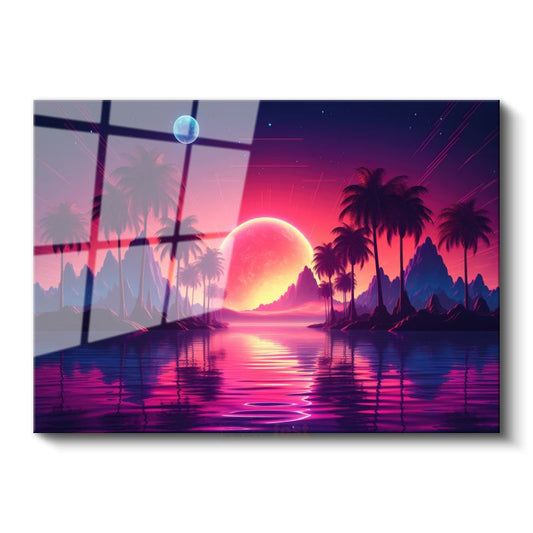Neon Cennet - Retrowave Tarzı Gün Batımı Manzarası Cam Tablo