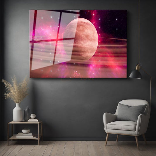 Kozmik Gezegen - Mor Nebula İçinde Görkemli Halkalı Dünya Cam Tablo