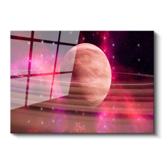 Kozmik Gezegen - Mor Nebula İçinde Görkemli Halkalı Dünya Cam Tablo