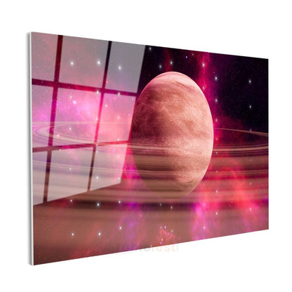 Kozmik Gezegen - Mor Nebula İçinde Görkemli Halkalı Dünya Cam Tablo