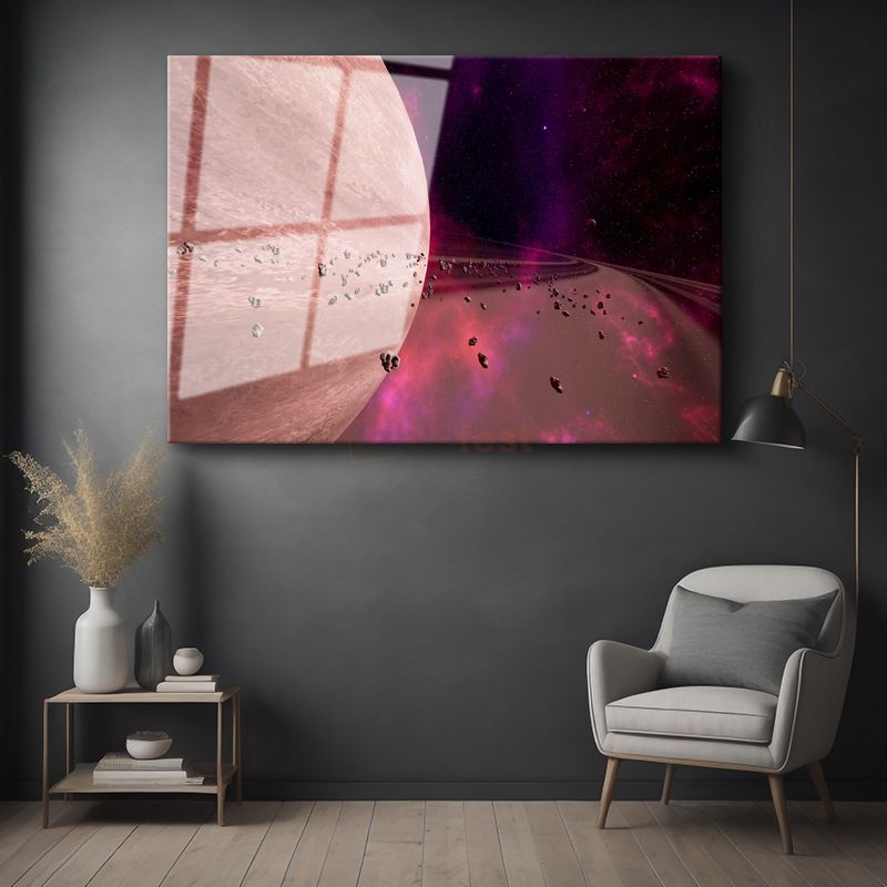 Gezegen Yörüngesi - Pembe Tonlarda Kozmik Manzara Cam Tablo