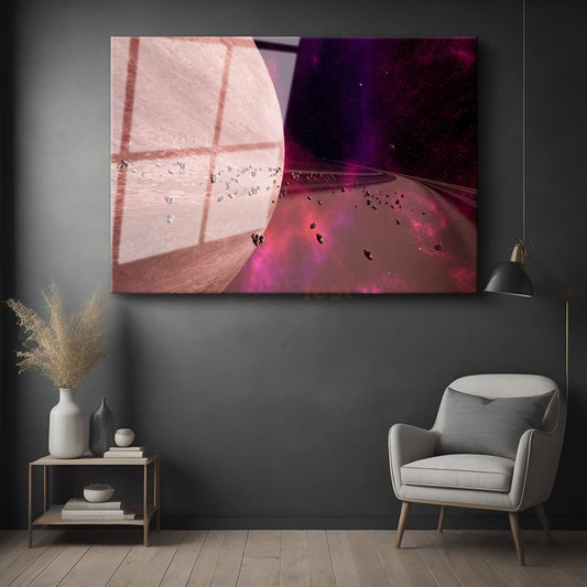 Gezegen Yörüngesi - Pembe Tonlarda Kozmik Manzara Cam Tablo