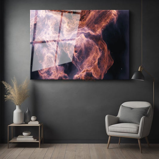 Kozmik Nebula - Mor ve Turuncu Tonlarında Uzay Bulutu Cam Tablo