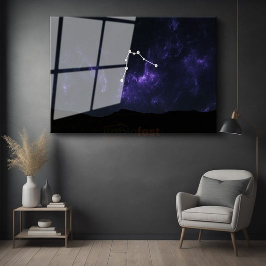 Yıldız Takımı - Mor Nebula İçinde Parlayan Gece Gökyüzü Cam Tablo