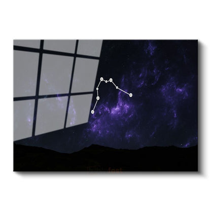 Yıldız Takımı - Mor Nebula İçinde Parlayan Gece Gökyüzü Cam Tablo