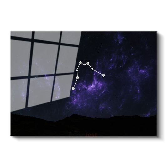 Yıldız Takımı - Mor Nebula İçinde Parlayan Gece Gökyüzü Cam Tablo