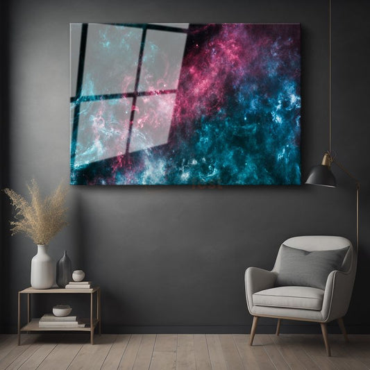 Kozmik Nebula - Pembe ve Mavi Tonlarında Uzay Bulutu Cam Tablo