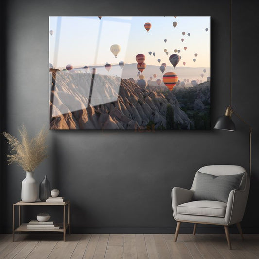 Kapadokya Balonları - Peri Bacaları Üzerinde Şafak Vakti Cam Tablo