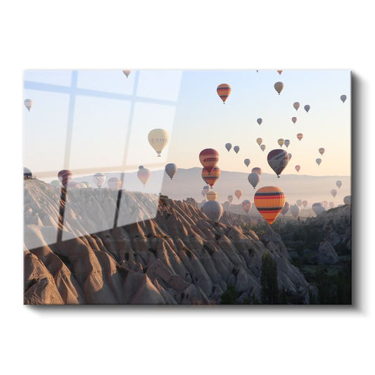 Kapadokya Balonları - Peri Bacaları Üzerinde Şafak Vakti Cam Tablo