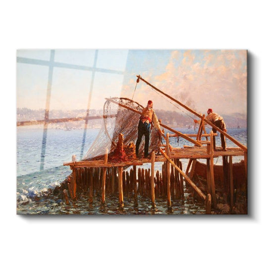 Balıkçı İskelesi - Ağ Çeken Balıkçılar Cam Tablo
