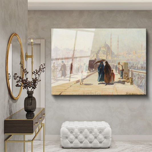 Fausto Zonaro - İstanbul İskelesi Cam Tablo