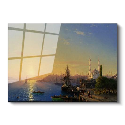 İstanbul Silueti - Gün Batımında Boğaz Manzarası Cam Tablo