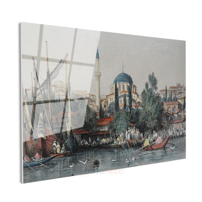 İstanbul Silueti - Tarihi Camiler ve Deniz Manzarası Cam Tablo