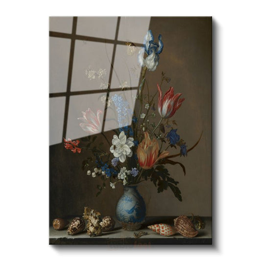 Balthasar van der Ast - Çiçekler ve Deniz Kabukları Cam Tablo
