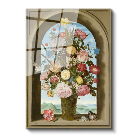 Ambrosius Bosschaert - Kemerli Pencerede Çiçekler Cam Tablo