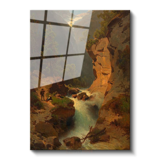 Albert Bierstadt - Dağlık Manzara ve Şelale Cam Tablo