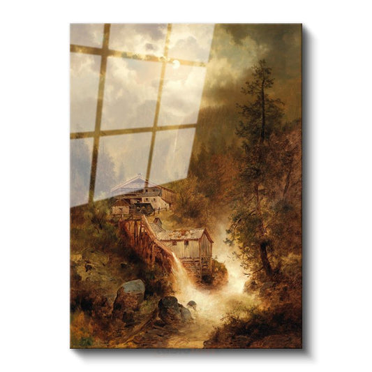 Albert Bierstadt - Dağ Evleri ve Şelale Cam Tablo