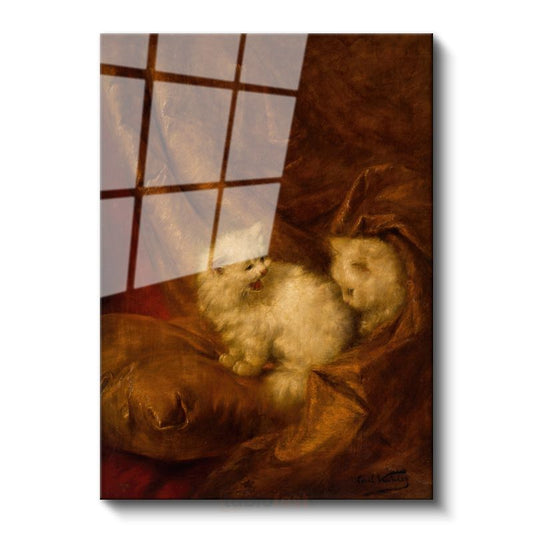 Carl Kahler - Kahverengi Kumaştaki Kediler Cam Tablo
