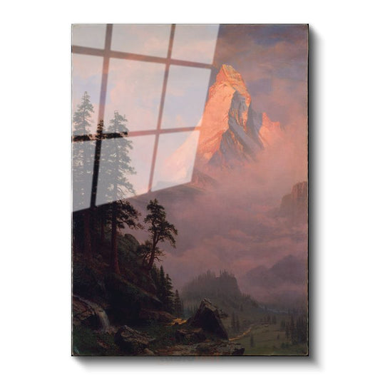 Thomas Moran - Gün Batımında Dağ Cam Tablo