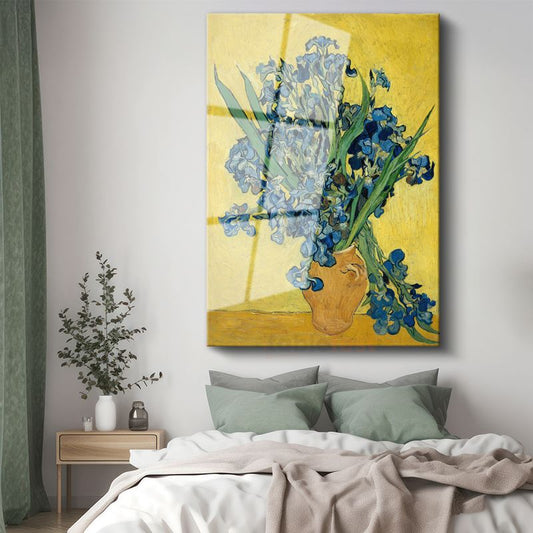 Vincent van Gogh - Sarı Arka Planda Süsenler Cam Tablo