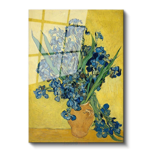 Vincent van Gogh - Sarı Arka Planda Süsenler Cam Tablo
