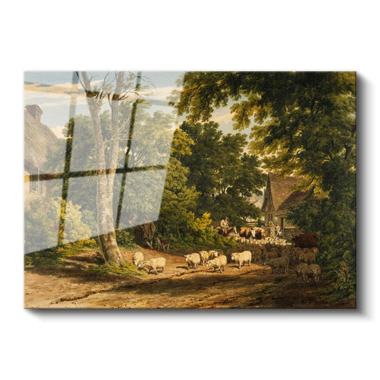 John Constable - Kırsal Köy ve Koyun Sürüsü Cam Tablo