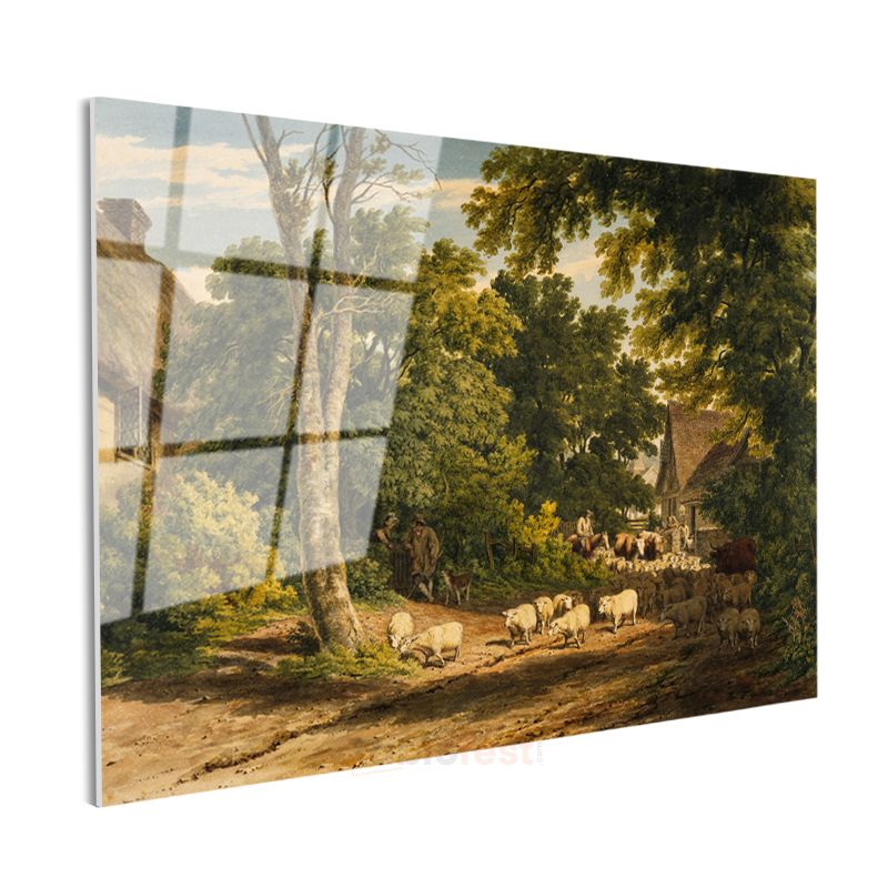 John Constable - Kırsal Köy ve Koyun Sürüsü Cam Tablo