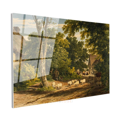 John Constable - Kırsal Köy ve Koyun Sürüsü Cam Tablo