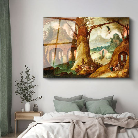 Jan Brueghel - Fantastik Manzara ve Harabe Cam Tablo