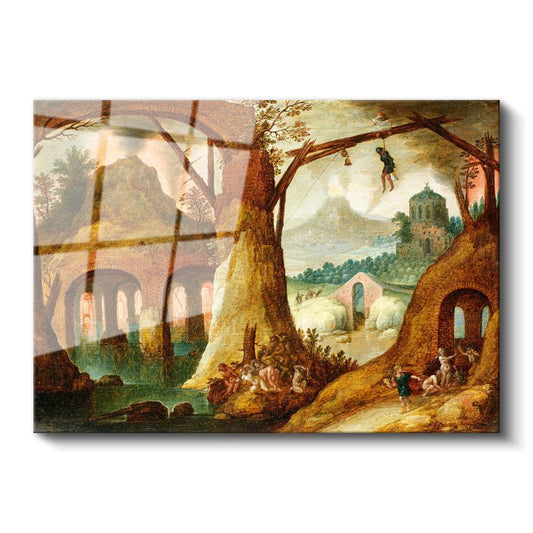 Jan Brueghel - Fantastik Manzara ve Harabe Cam Tablo