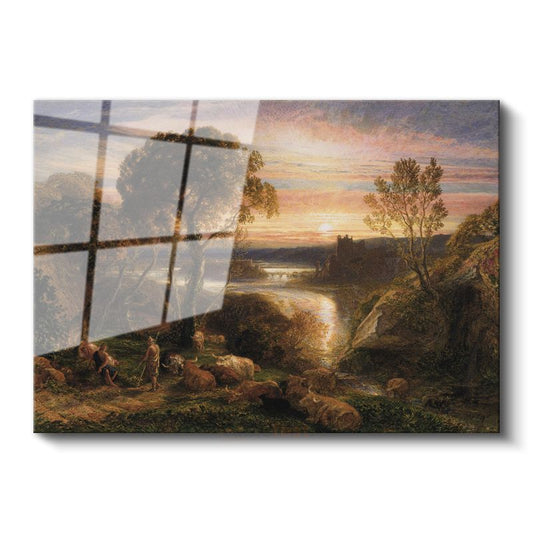Samuel Palmer - Gün Batımında Pastoral Manzara Cam Tablo