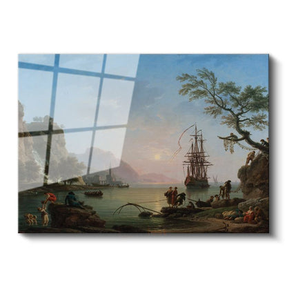 Claude-Joseph Vernet - Sakin Limanda Günbatımı Cam Tablo