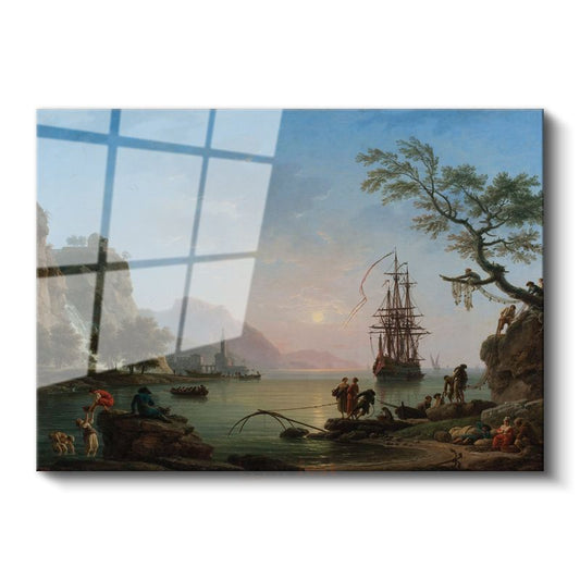 Claude-Joseph Vernet - Sakin Limanda Günbatımı Cam Tablo