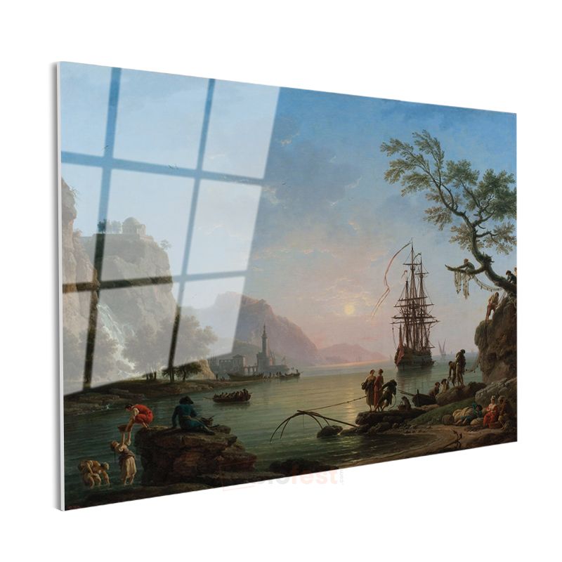 Claude-Joseph Vernet - Sakin Limanda Günbatımı Cam Tablo