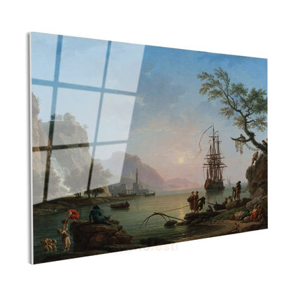 Claude-Joseph Vernet - Sakin Limanda Günbatımı Cam Tablo