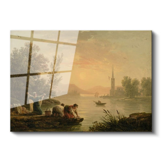 Richard Parkes Bonington - Günbatımında Çamaşır Yıkayanlar Cam Tablo